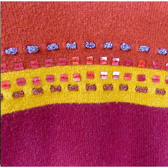 1990s Vintage Inc Pink Striped Colorblock Beaded V-Neck Sweater Large - Picture 7 of 7